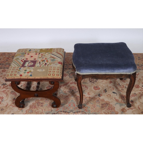 262 - A 19TH CENTURY CONTINENTAL CARVED WALNUT AND UPHOLSTERED STOOL of serpentine outline the shaped top ... 