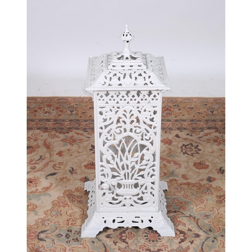 273 - A CONTINENTAL WHITE METAL LANTERN of rectangular pierced form on bracket feet 
176cm (h) x 35cm (w) ... 