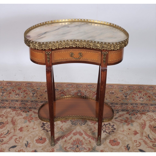 275 - A CONTINENTAL MAHOGANY INLAID GILT BRASS AND MARBLE OCCASIONAL TABLE of kidney shaped outline the sh... 