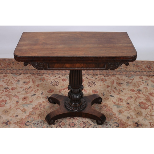 278 - A REGENCY ROSEWOOD FOLDOVER CARD TABLE of rectangular outline the hinged lid with baize lined interi... 