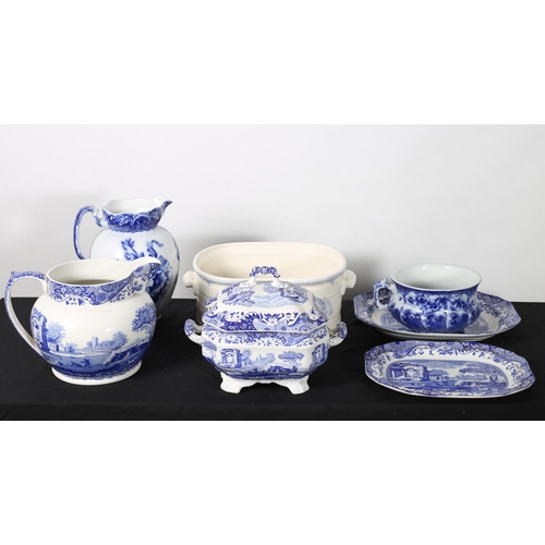 283 - A LARGE SPODE BLUE AND WHITE JUG, a Burley china blue and white foot bath, two spode blue and white ... 