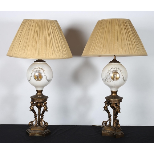 284 - A PAIR OF CONTINENTAL GILT BRASS AND GLAZED TABLE LAMPS each of bulbous form decorated with foliate ... 