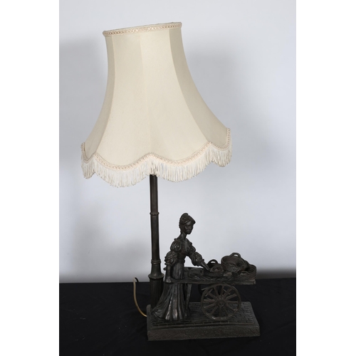 286 - A COLD CAST TABLE LAMP modelled as Molly Malone shown standing beside a lantern with shade 
80cm (h)... 