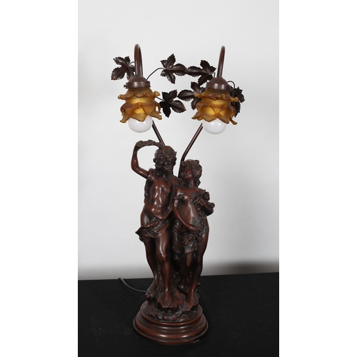 287 - AN ART NOUVEAU DESIGN COMPOSITION FIGURAL TABLE LAMP modelled as a female and her companion shown st... 