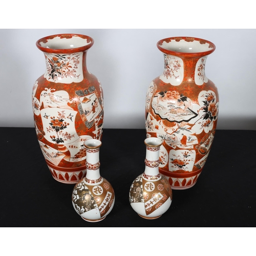 289 - A PAIR OF SATSUMA VASES of ovoid tapering form the white and puce ground decorated with figures, flo... 