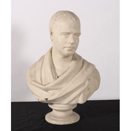 309 - A VINTAGE WHITE PLASTER AND PAINTED HEAD AND SHOULDER BUST OF A GENTLEMAN with drapery 
50cm (h) x 3... 