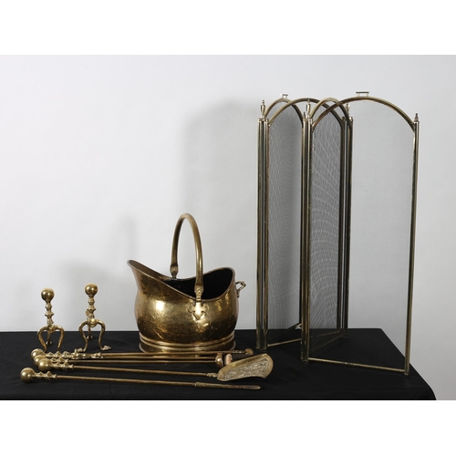 313 - A COLLECTION OF BRASSWARE to include a brass and mesh four fold screen, a brass fuel bin, a set of t... 