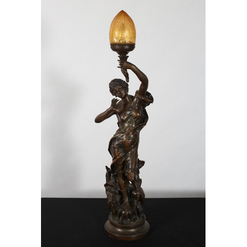 322 - AN ART DECO DESIGN BRONZED FIGURAL TABLE LAMP modelled as a female shown standing on a naturalistic ... 