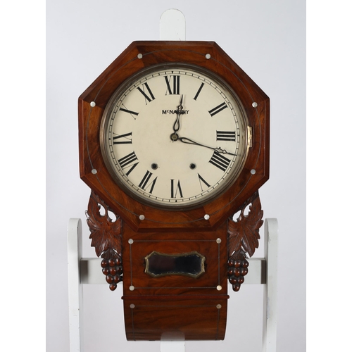 324 - A 19TH CENTURY ROSEWOOD AND BRASS INLAID DROP DIAL WALL CLOCK the octagonal case with painted dial a... 