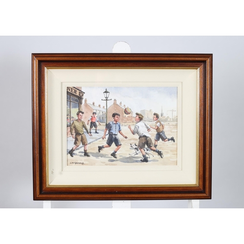 331 - J. MCDONALD 
Belfast Street Scene with children playing ball 
Watercolour 
Signed lower left 
25cm (... 