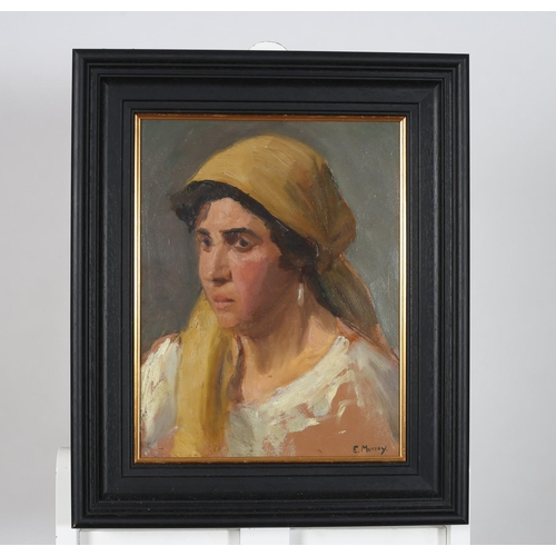 332 - EILEEN MURRAY 
Head and Shoulder Portrait of a Female with a head dress
Oil on board
Signed lower ri... 