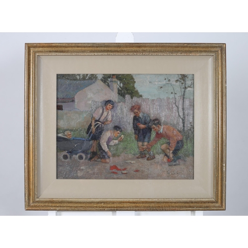 333 - TOM LALOR (FL 1940s)
Children Playing Cards
Oil on board
Signed lower right 
30cm (h) x 43cm (w)