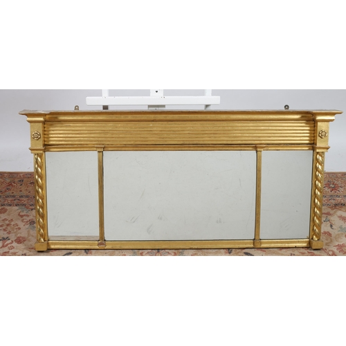 346 - A 19TH CENTURY GILTWOOD AND GESSO COMPARTMENTED MIRROR of rectangular breakfront outline the reeded ... 