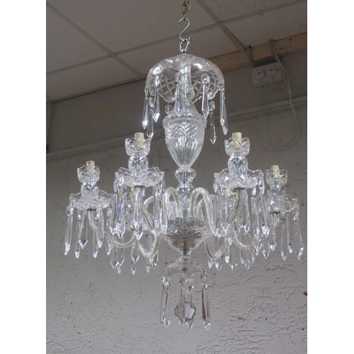 366 - A WATERFORD CUT GLASS SIX BRANCH CHANDELIER with scroll arms and drip hung with faceted pendants 80c... 