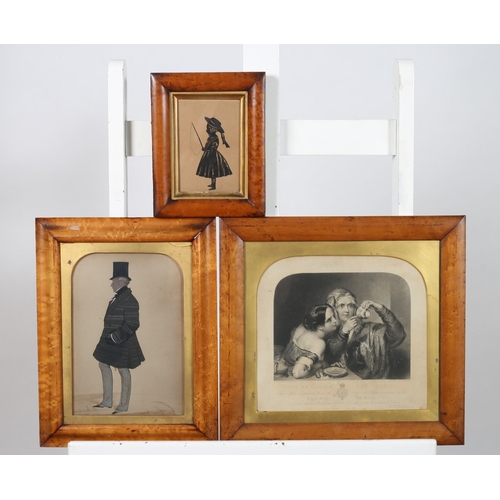 380 - TWO 19TH CENTURY SILHOUETTES 
In maple frames
together with A 19TH CENTURY BLACK AND WHITE ENGRAVING... 