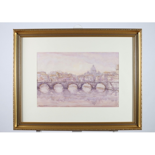 553 - FRANCESCA DI STFAUOR 
Riverscape with Bridge and Cathedral in background 
Watercolour
Signed lower l... 