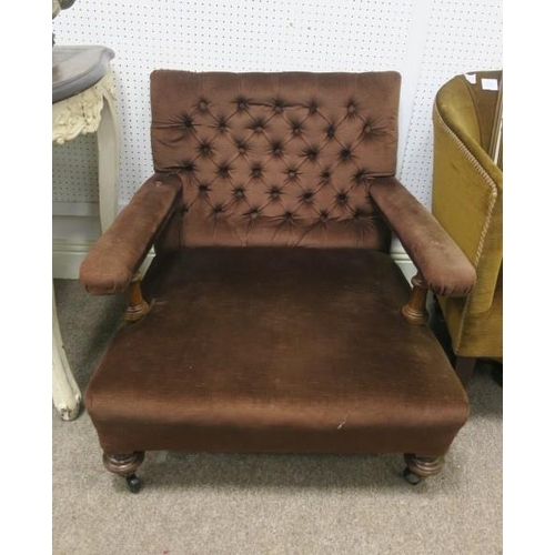 693 - A PAIR OF VINTAGE MAHOGANY AND UPHOLSTERED ARMCHAIRS each with deep buttoned upholstered back and se... 