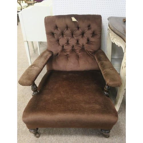 693 - A PAIR OF VINTAGE MAHOGANY AND UPHOLSTERED ARMCHAIRS each with deep buttoned upholstered back and se... 