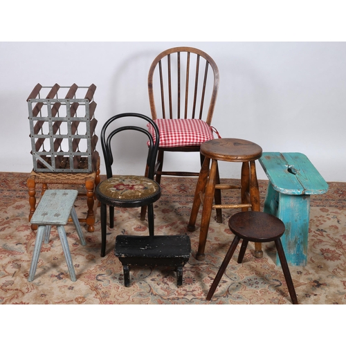 703 - A MISCELLANEOUS COLLECTION to include an elmwood low stool, a vintage oak stool, a child's bentwood ... 