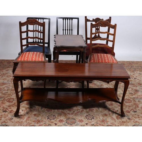 723 - A MISCELLANEOUS COLLECTION to include a mahogany low table of rectangular outline the shaped top abo... 