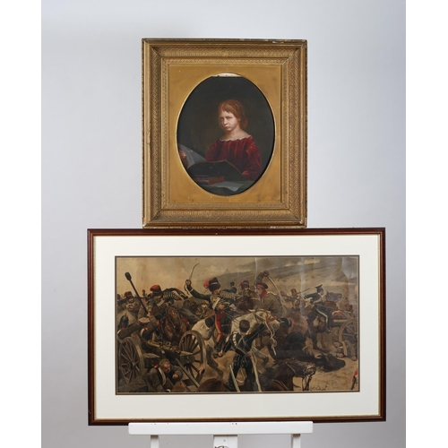 768 - A FRAMED COLOURED MILITARY PRINT together with a gilt frame mirror, a portrait of a female oil on bo... 