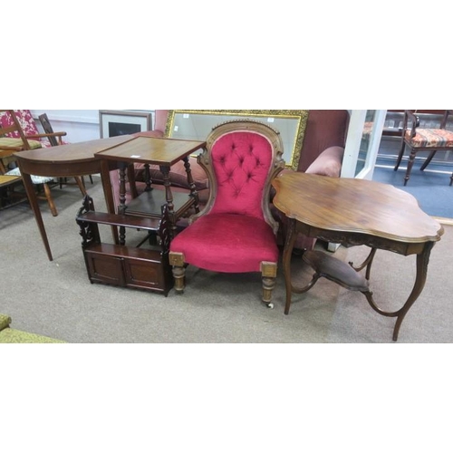 799 - A MISCELLANEOUS COLLECTION to include a mahogany and satinwood inlaid half moon table, a vintage mah... 