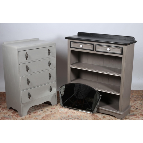 806 - A VINTAGE GREY PAINTED FOUR DRAWER CHEST together with A GREY PAINTED AND BLACK PAINTED OPEN FRONT B... 