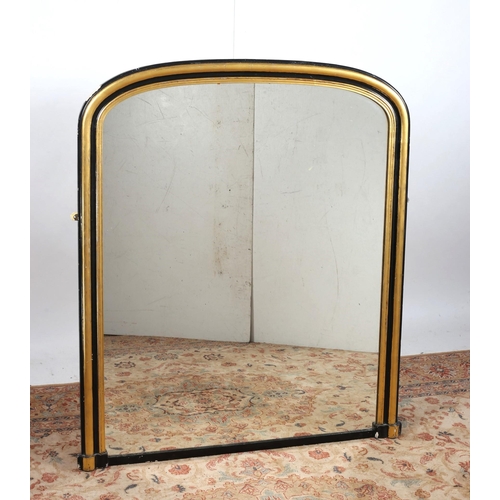 844 - A 19TH CENTURY GILTWOOD AND EBONISED OVERMANTLE MIRROR the rectangular arched plate within a moulded... 