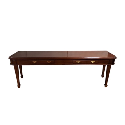 200 - A HEPPLEWHITE DESIGN MAHOGANY CONSOLE TABLE the stepped top above two frieze drawers with brass drop... 