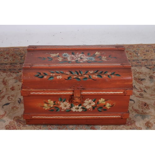 68 - A VINTAGE METAL AND POLYCHROME TRUNK of rectangular domed form decorated with flowerheads and foliag... 