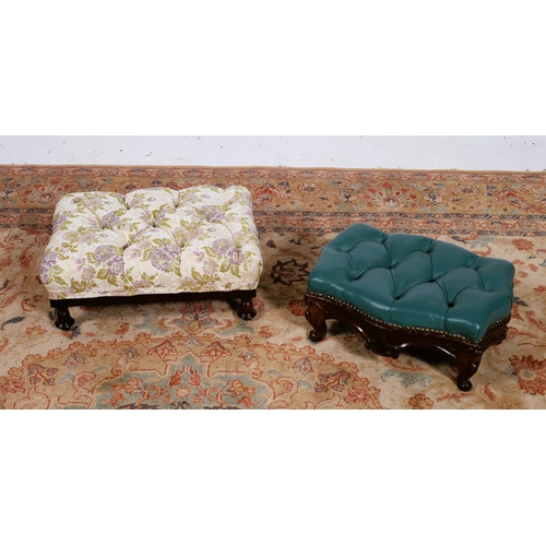 69 - A 19TH CENTURY MAHOGANY AND UPHOLSTERED FOOT STOOL the rectangular upholstered seat on turned legs 
... 