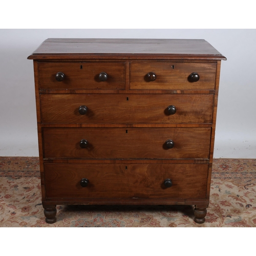 74 - A 19TH CENTURY MAHOGANY CHEST of rectangular outline the shaped top above two short and three long g... 