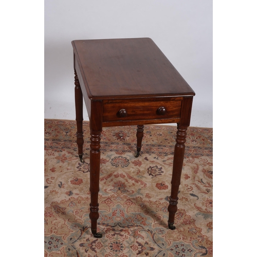 76 - A 19TH CENTURY MAHOGANY TABLE of rectangular outline the shaped top with frieze drawer on turned leg... 