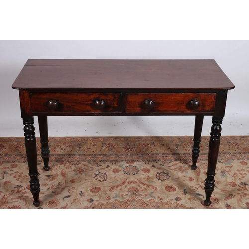 78 - A 19TH CENTURY MAHOGANY SIDE TABLE of rectangular outline the shaped top above two frieze drawers wi... 