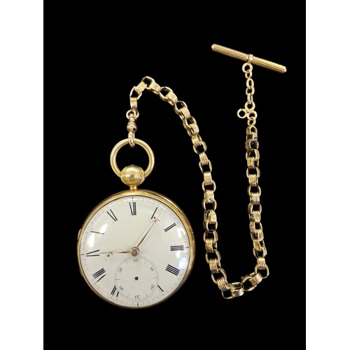 503 - A GENT'S 18CT GOLD FUSEE MOVEMENT POCKET WATCH with 9ct gold Albert with T-bar