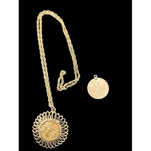 504 - A FULL SOVEREIGN 1873 on a 9ct gold pendant chain together with a gold plated coin dated 1800