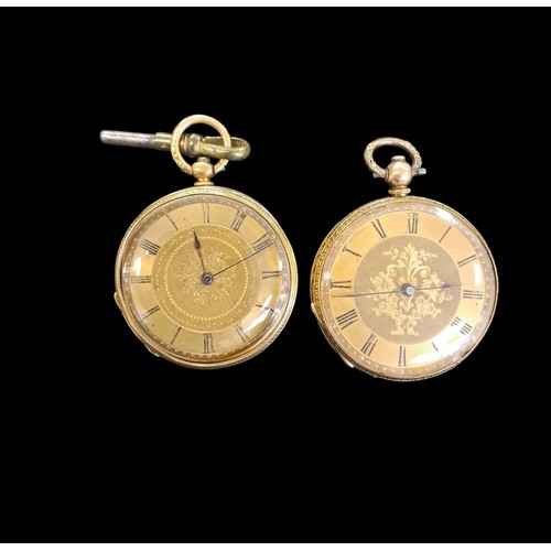 505 - TWO 18CT GOLD LADIES FOB WATCHES with engraved cases