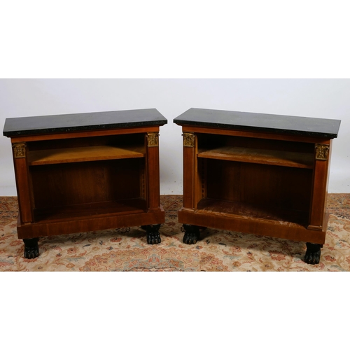 93 - A PAIR OF REGENCY DESIGN MAHOGANY GILT BRASS MOUNTED AND MARBLE OPEN FRONT BOOKCASES each of rectang... 