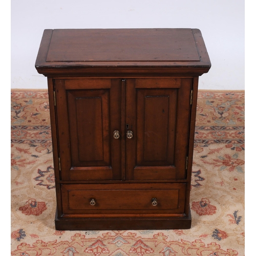 100 - AN EDWARDIAN MAHOGANY MINIATURE CABINET of rectangular outline the shaped top above a pair of panel ... 