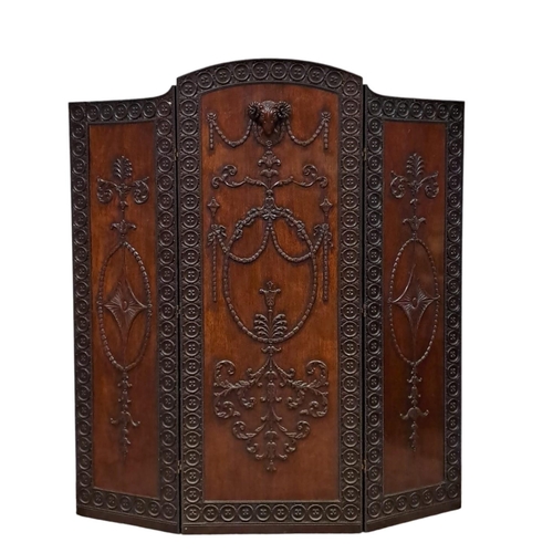 187 - A LATE 19TH CENTURY ADAM DESIGN CARVED THREE FOLD SCREEN the central panel with ram head mask hung w... 