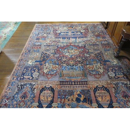 263 - A VINTAGE KASHMAR PICTORIAL WOOL RUG the light pink, light blue and beige ground filled with stylise... 