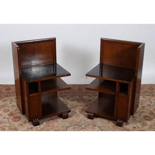 282 - A PAIR OF ART DECO MAHOGANY END TABLES each of rectangular outline the superstructure with panelled ... 