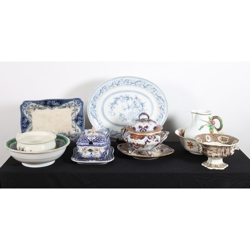 306 - A COLLECTION OF CHINA to include a large blue and white meat platter, an ironstone lidded terrine on... 