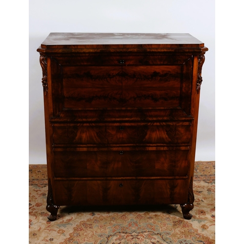 373 - A 19TH CENTURY BIEDERMEIER MAHOGANY SECRETAIRE CHEST of rectangular outline the shaped top with cant... 