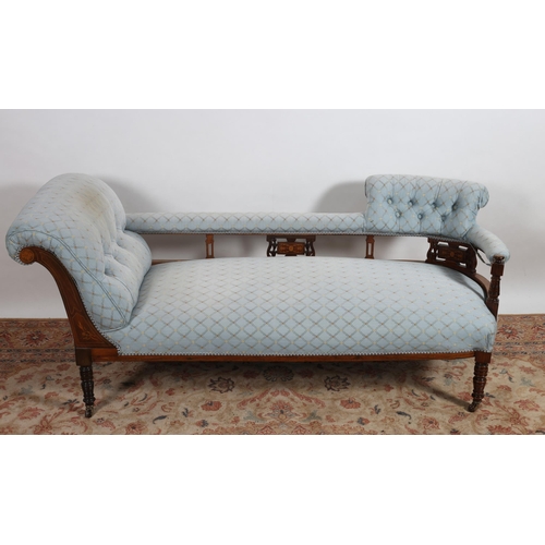 449 - AN EDWARDIAN MAHOGANY AND SATINWOOD INLAID CHAISE LONGUE the upholstered top rail with buttoned upho... 