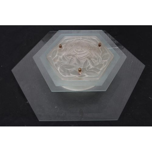 451 - A LALIQUE STYLE CENTRE LIGHT of octagonal outline moulded in high relief with bees and foliage
47cm ... 