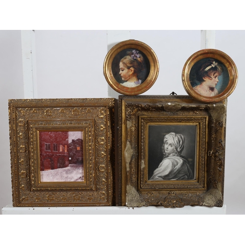 464 - A PAIR OF CONTINENTAL COLOURED PRINTS portraits roundels in gilt frames, a black and white print hea... 