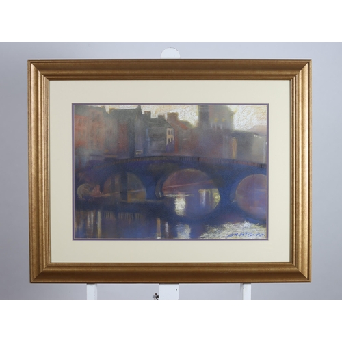 474 - TONY MC CARTHY Riverscape with Bridge 
Mixed media on board indistinctly 
Signed lower right
41cm (h... 