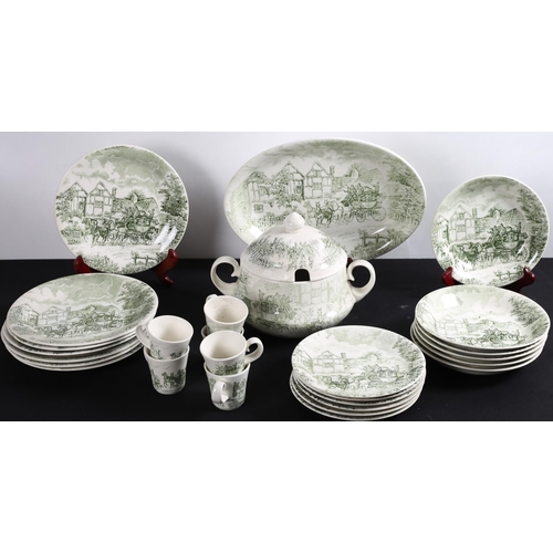 563 - A TWENTY SEVEN PIECE SPANISH GLAZED POTTERY PART DINNER AND TEA SERVICE the white and green ground w... 