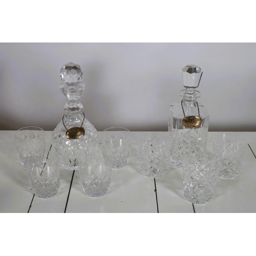 564 - SEVEN GALWAY CRYSTAL TUMBLERS together with two Galway Crystal decanters with silver labels inscribe... 